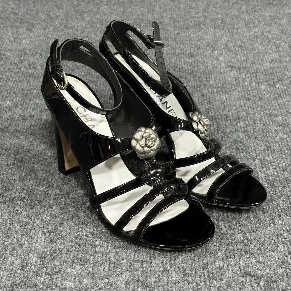 Chanel Sandals Womens 6 36 Black Patent Camellia Flower Logo Italy Heel Strappy